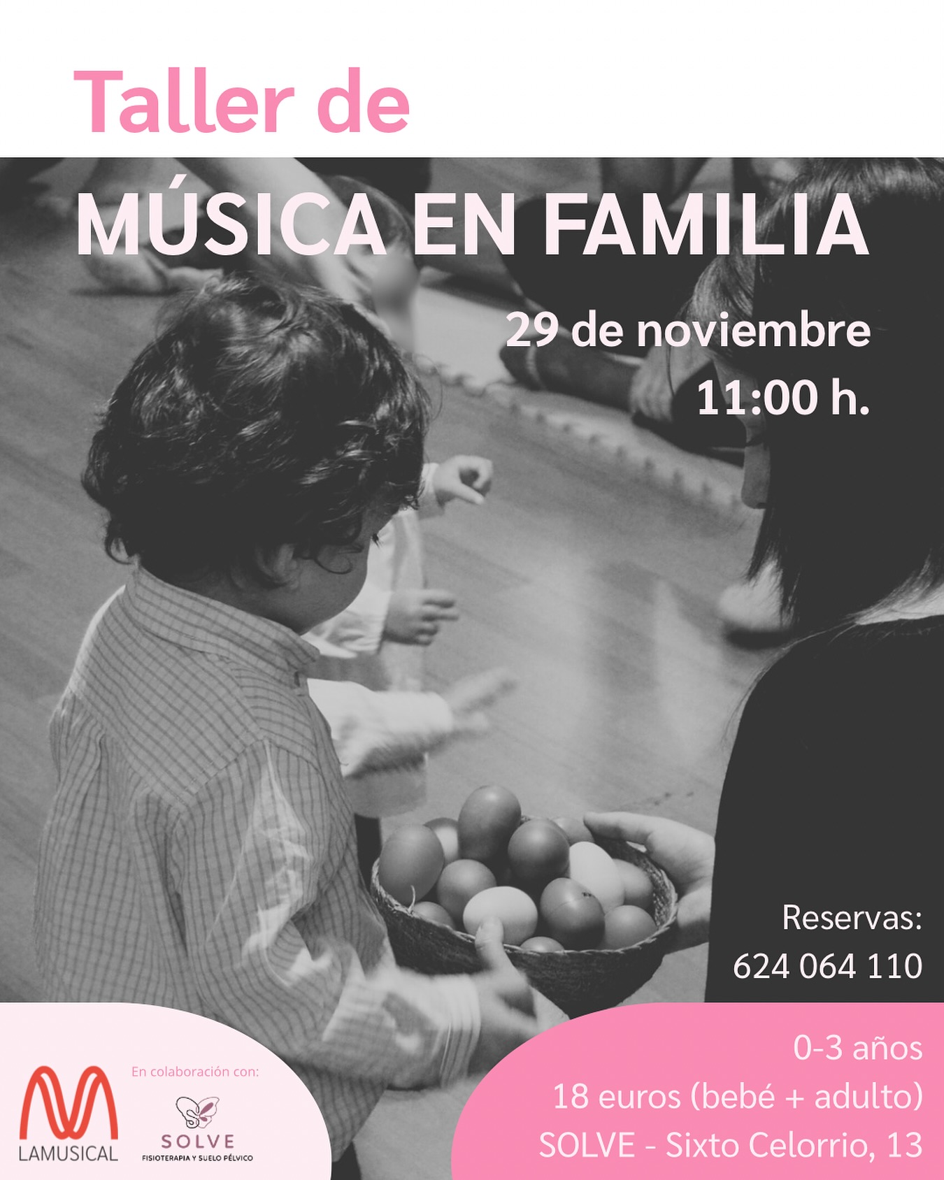 🎵 Música en familia: un momento para sentir, jugar y conectar.

Los más pequeños descubren el mundo a través del sonido, el movimiento y la mirada de quien les acompaña. En este taller crearemos un espacio donde la música se convierte en abrazo, en risa y en descubrimiento compartido.

👶 Para familias con peques de 0 a 3 años
📅 Sábado, 29 de noviembre – 11:00 h
📍 SOLVE Fisioterapia (C/ Sixto Celorrio, 13)
💫 18 € adulto + bebé

¡Ven a vivir una mañana llena de ritmo, ternura y conexión en familia!

 🎟 RESERVA TU PLAZA: 624064110

#LAMUSICAL #ViveCreaConecta #MúsicaEnFamilia #BebésYMúsica #Zaragoza #EducaciónMusical #SolveZaragoza #TallerSensorial #planespeques #planesconniños #planeszaragoza #niñoszaragoza