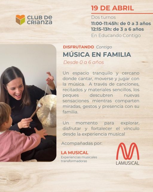 ✨ Los más pequeños descubren el mundo a través del sonido, el movimiento y la mirada de quien les acompaña. 

¡Ven con tu peque a descubrir cómo la música se puede convertir en risa, juego y abrazo! 🤗 

👉🏼Dos turnos: 11:00 (0-3 años) y 12:15 (3-6 años) 
📆 Domingo, 19 de abril 
📍Escuela Infantil Educando Contigo (barrio de San José) 
🎟️ 18€ adulto+peque 

🔴 RESERVA TU PLAZA en www.clubeducandocontigo.es

🎵💞