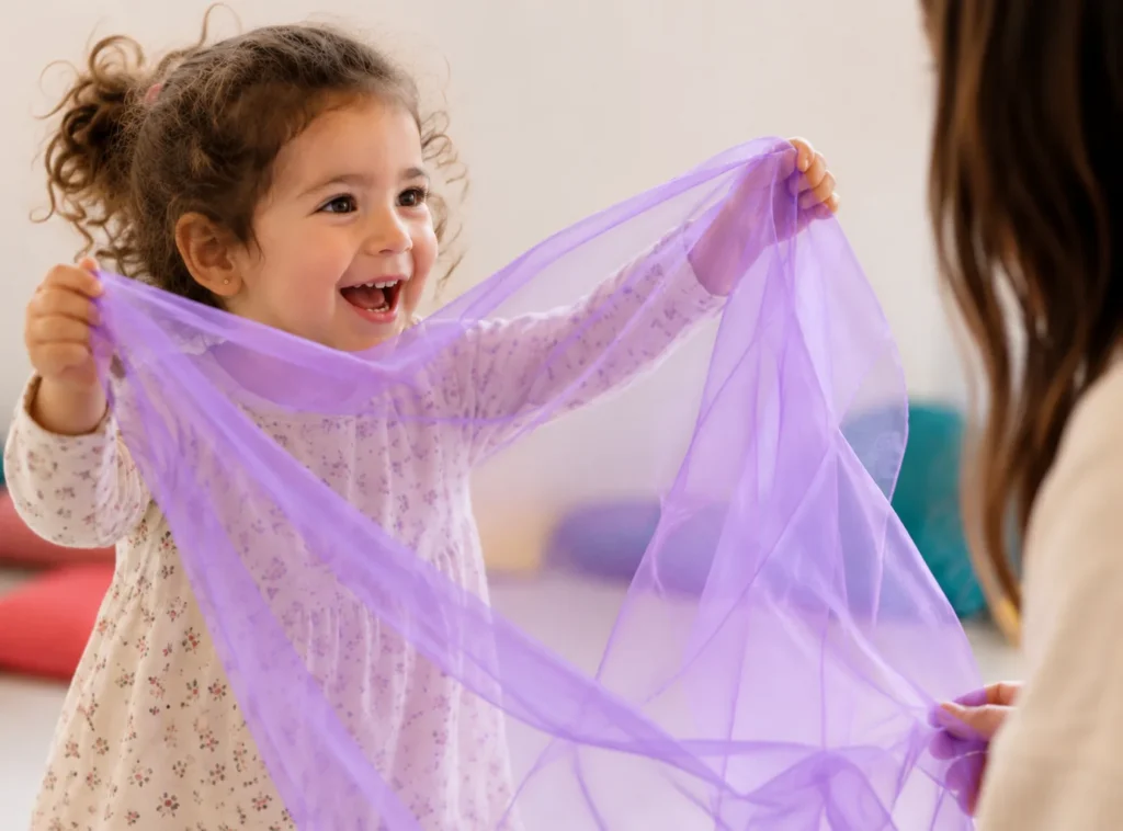 Niña jugando con un pañuelo de tul morado en una clase de música en familia
