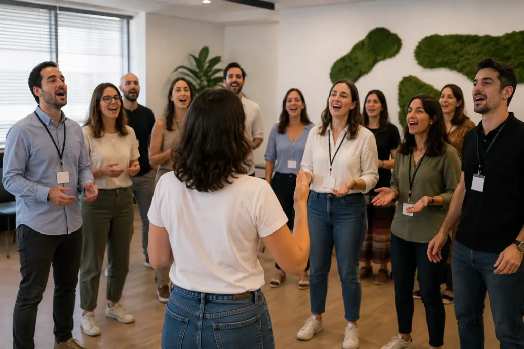 Un equipo de una empresa cantando en corro durante una sesión de música
