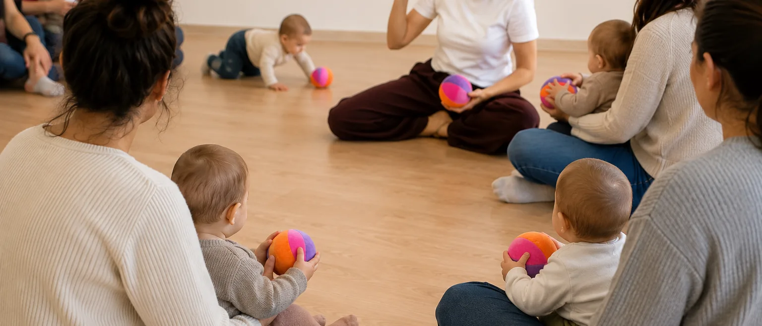 Sesión de Música en familia: adultos sentados en el suelo con sus bebés en brazos y una pelota de colores cada uno, alrededor de la profesora