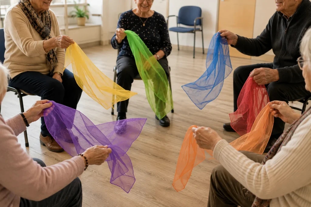 Grupo de personas mayores en corro moviendo pañuelos de colores al ritmo de la música
