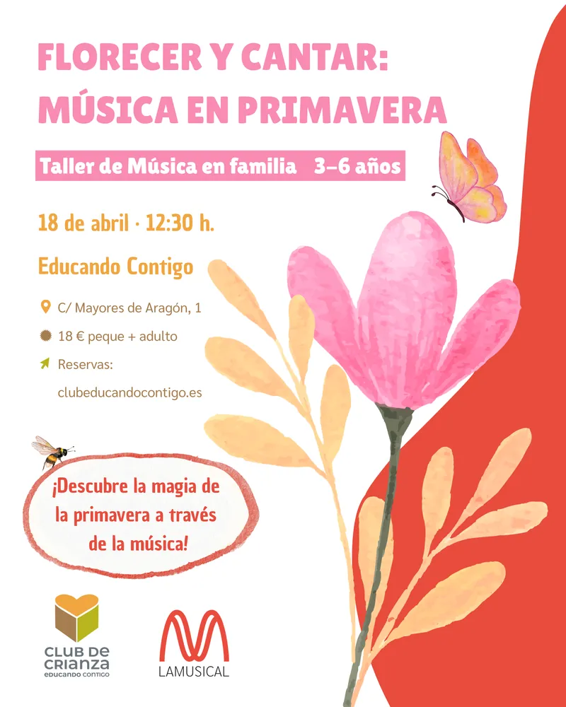 Cartel del taller de música en familia del 18 de abril de 2027 · 3-6 años · Educando Contigo
