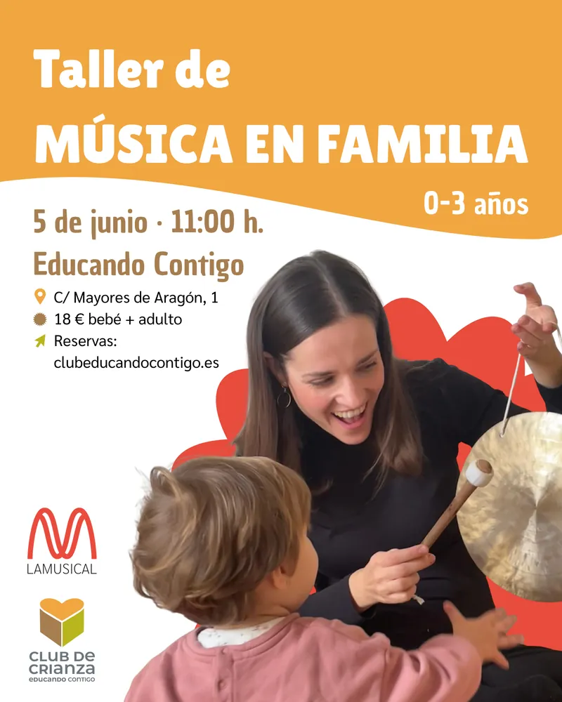 Cartel del taller de música en familia del 5 de junio de 2027 · 0-3 años · Educando Contigo